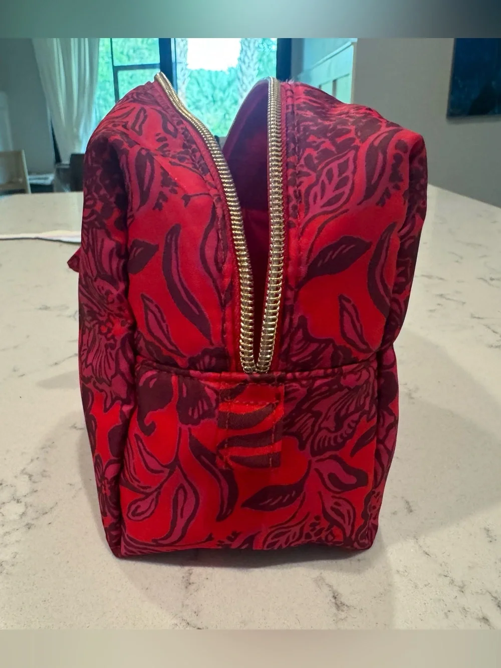 Lilly Pulitzer Red Floral Cosmetic/Toiletry Bag - gold hardware w/ bow detail